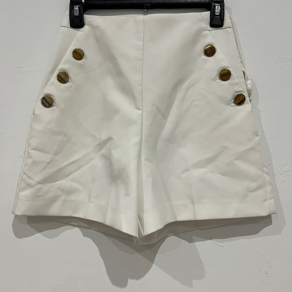 Zara High Waist Cream Shorts with Button Accents